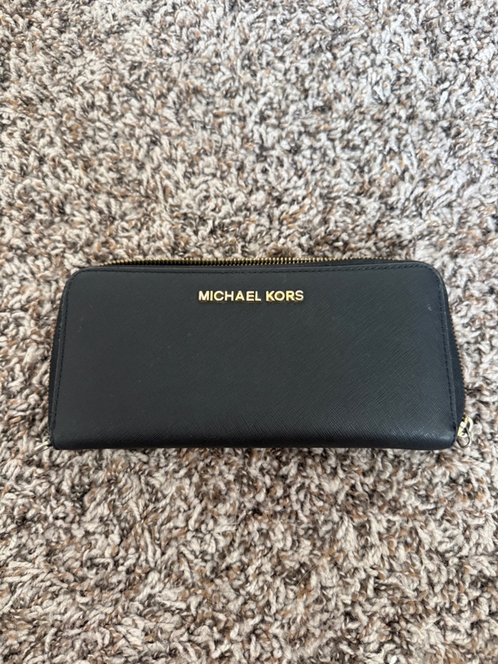 Michael Kors Black Zip-Around Saffiano Wallet with Gold Logo